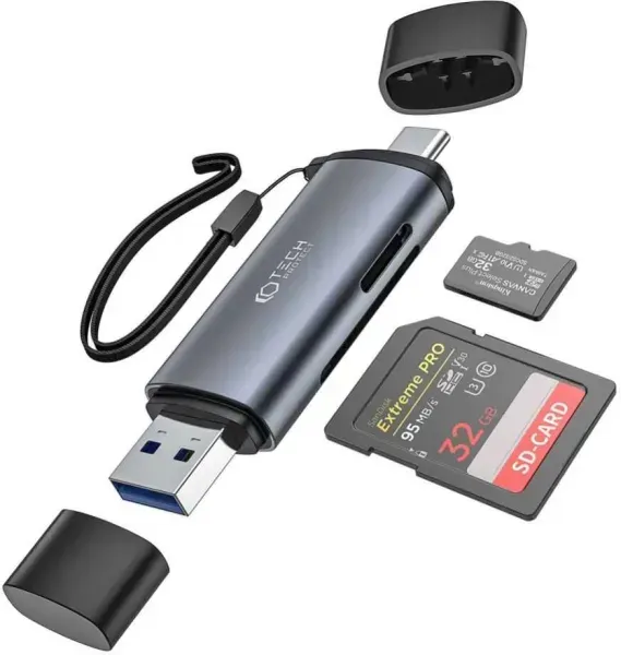 Tech-Protect UltraBoost USB and USB-C SD card reader — grey